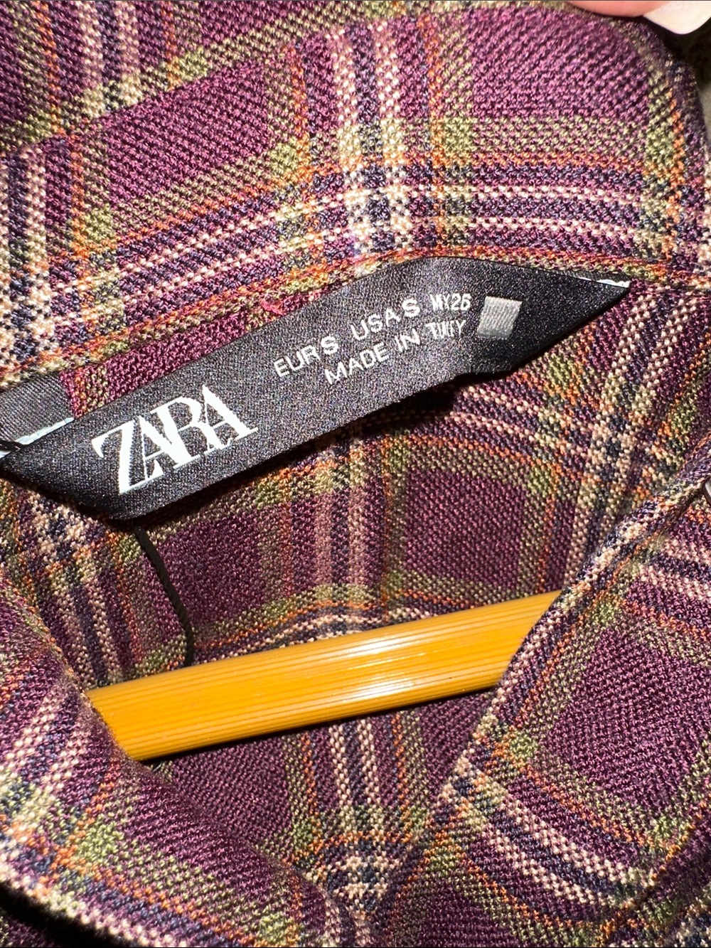ZARA Brown Plaid Cropped Hooded Top - Picture 3 of 3